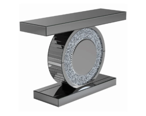 table-111 Table Console Miroir Gris Fumé Pied Cercle Cristaux