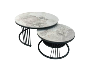 Set 2 Tables Basses Rondes Marbre Pied Métal Noir