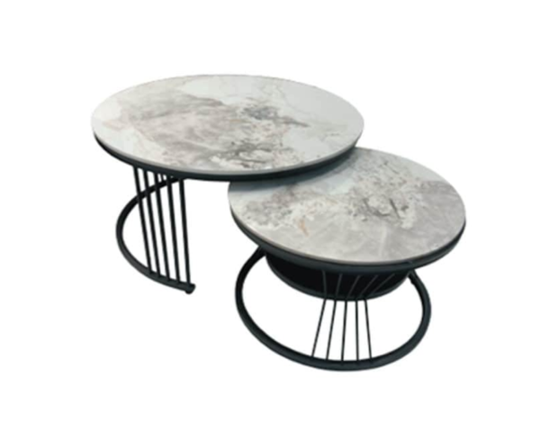 table-2 Set 2 Tables Basses Rondes Marbre Pied Métal Noir