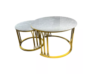 Set 2 Tables Basses Rondes Marbre Blanc Pieds Dorés