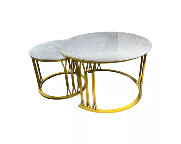 table-rond-1 Set 2 Tables Basses Rondes Marbre Blanc Pieds Dorés