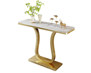 table-salon-5 Table Console Plateau Marbre Blanc Pied Doré en U Décoré