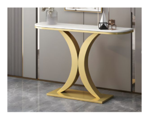 table-salon-6 Table Console Plateau Blanc Arrondi Pieds Dorés Croissants