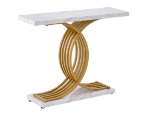 table-salon--7 Table Console Plateau Marbre Blanc Pieds Dorés Arches