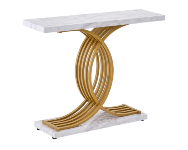 table-salon--7 Table Console Plateau Marbre Blanc Pieds Dorés Arches