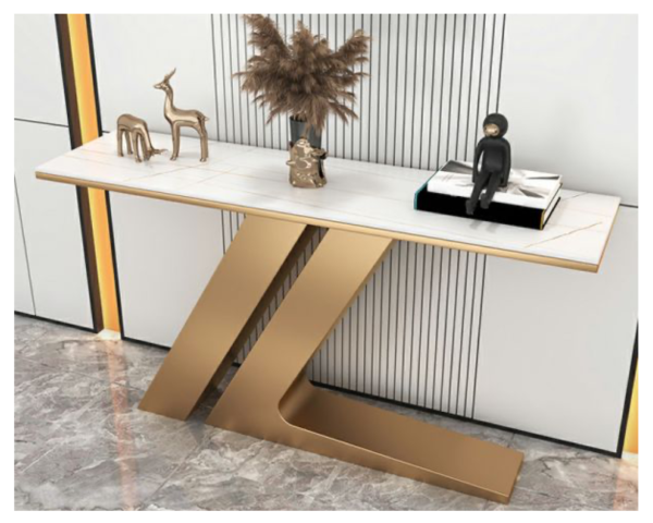 table-sdalon-7 Table Console Plateau Marbre Blanc Pied Doré en Z